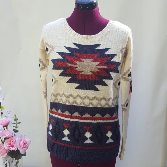 American Eagle Outfitters Southwestern Sweater Blue Red Ivory Women's Size XS - Picture 8 of 9